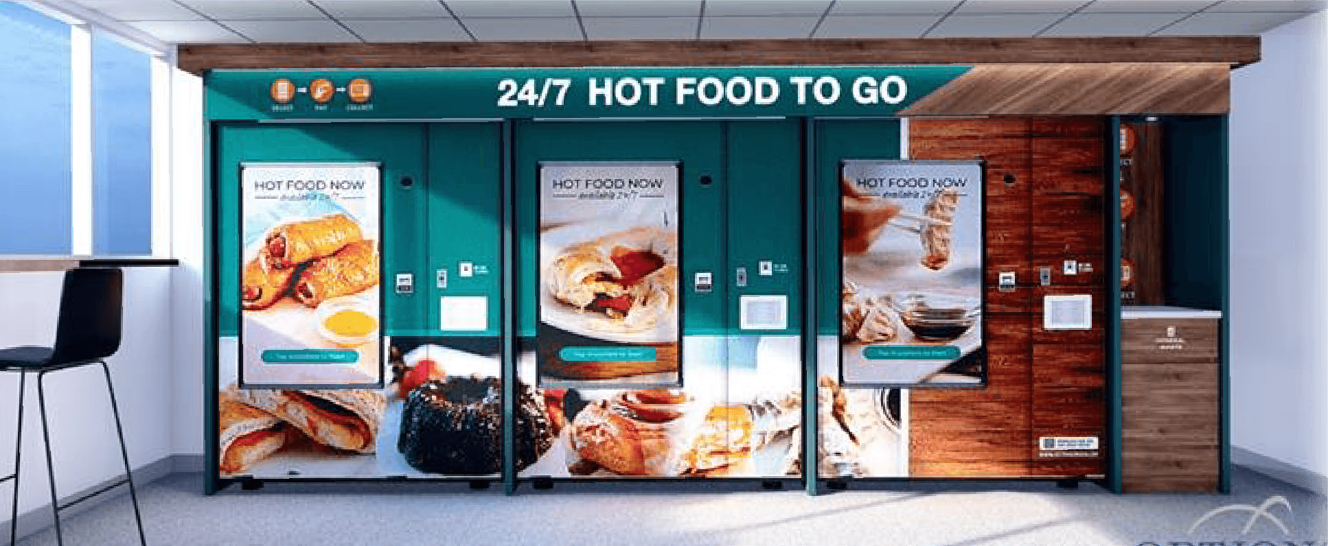 Custom hot food kiosks in a welcoming breakout areas or hotel foyers.